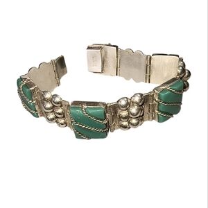 Vintage Heavy Mexico Green Stone and Sterling Silver Panel Bracelet
